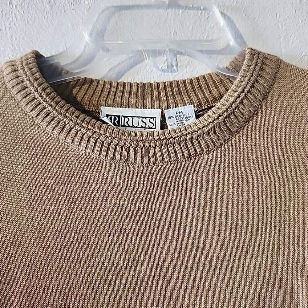 Vintage Russ Petite Womens Tan Sweater Wool Acrylic Blend Medium Pullover